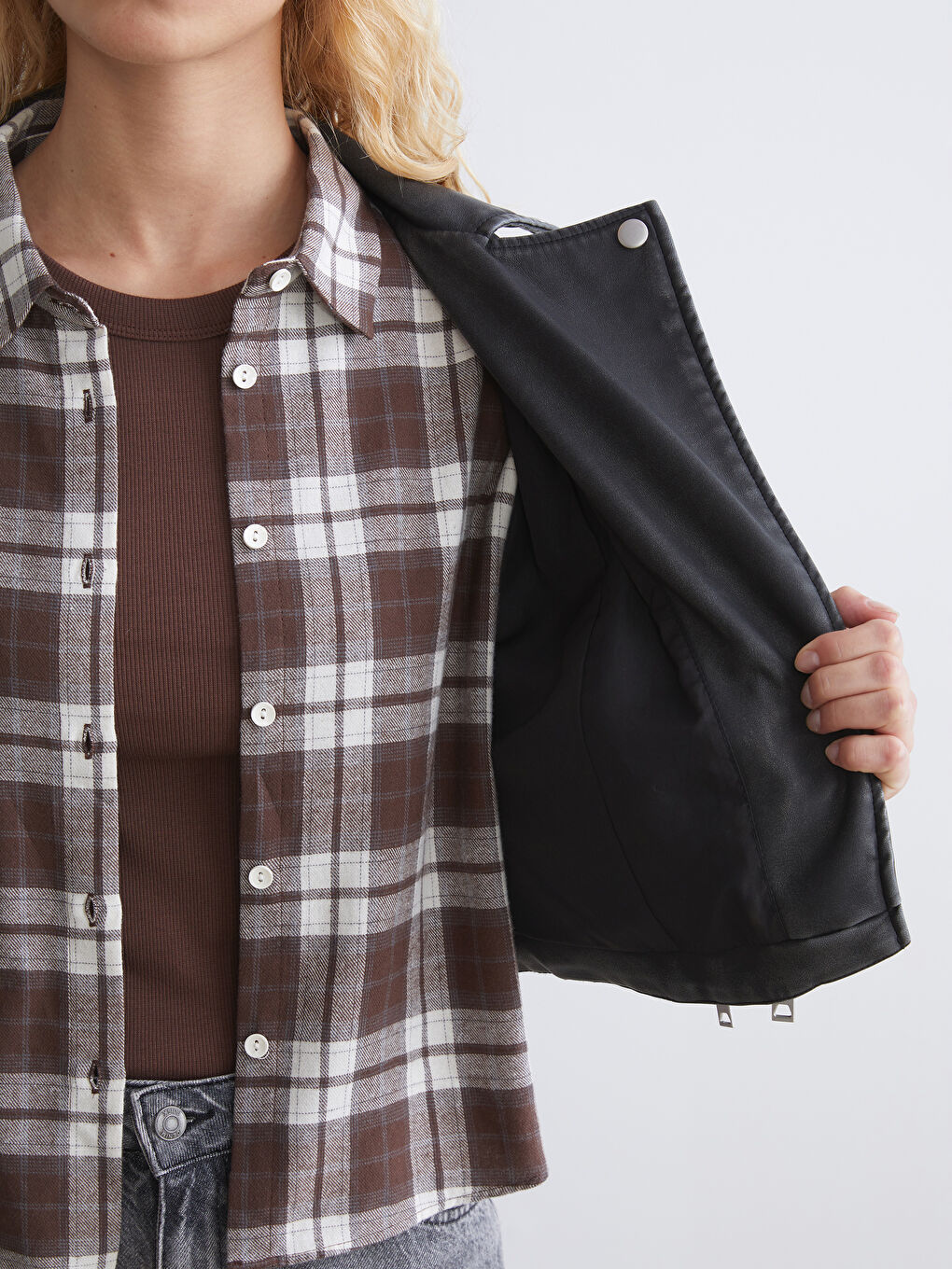 Siyah Biker Yaka Crop Kadın Deri Görünümlü Ceket-3