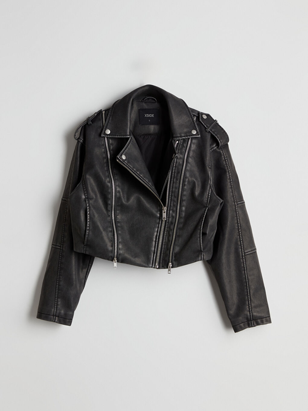 Siyah Biker Yaka Crop Kadın Deri Görünümlü Ceket-5