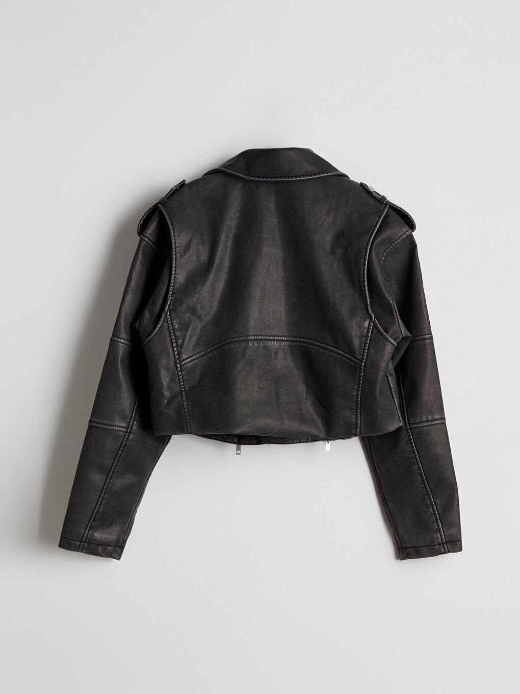 Siyah Biker Yaka Crop Kadın Deri Görünümlü Ceket-7