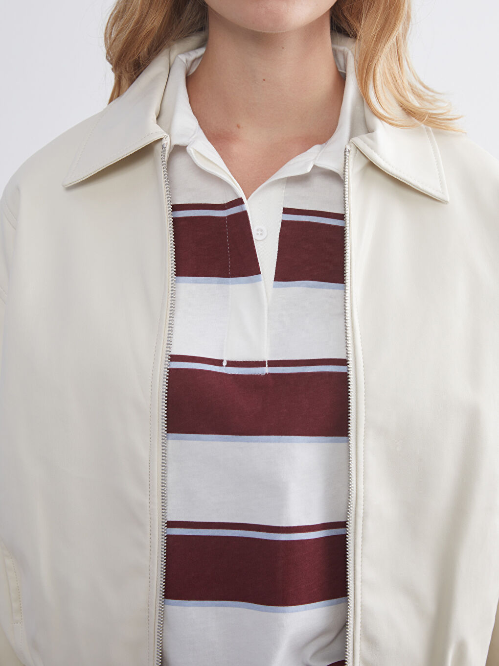 Collared Neck Oversize Women's Faux Leather Jacket-2