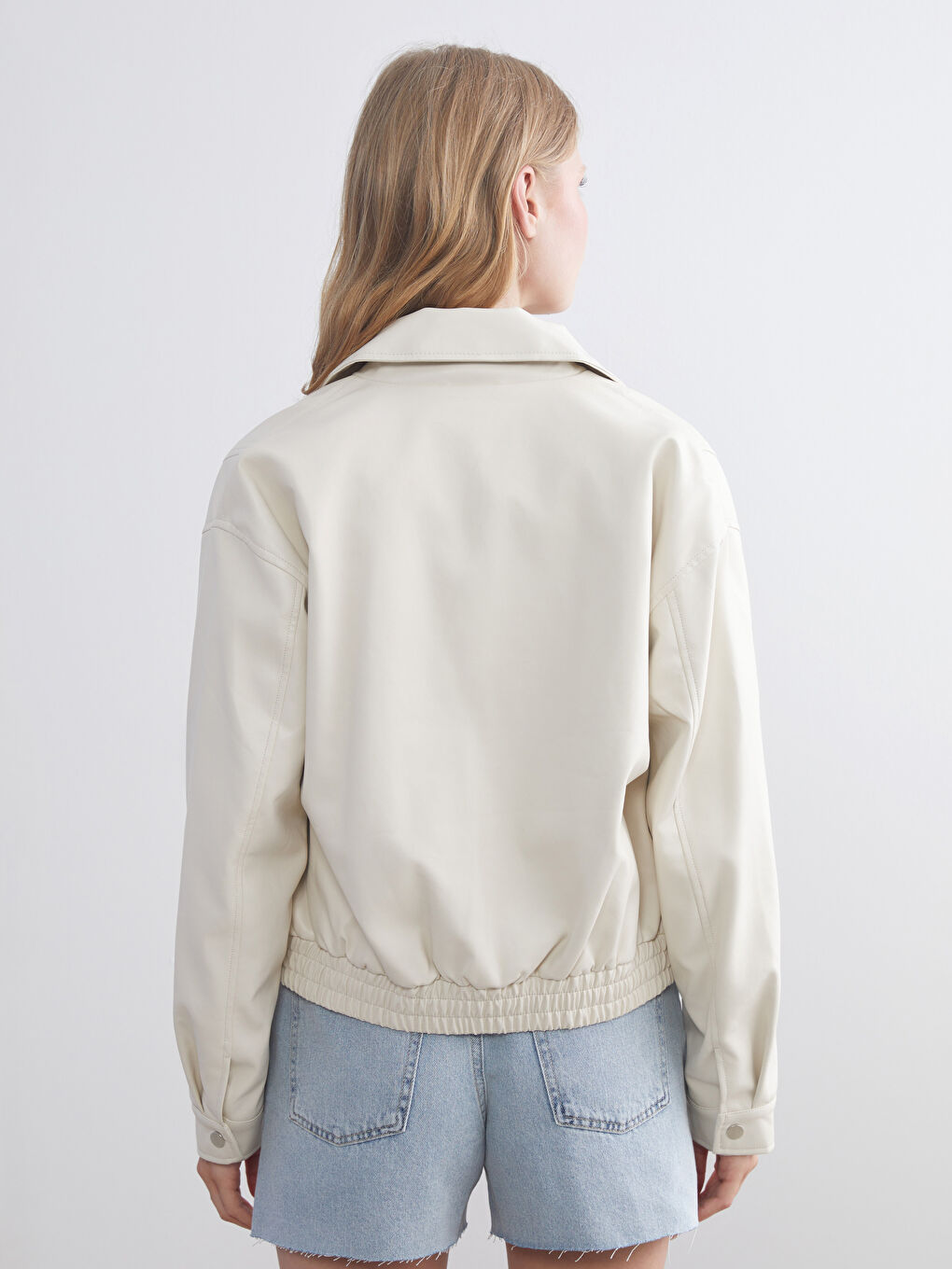 Collared Neck Oversize Women's Faux Leather Jacket-4
