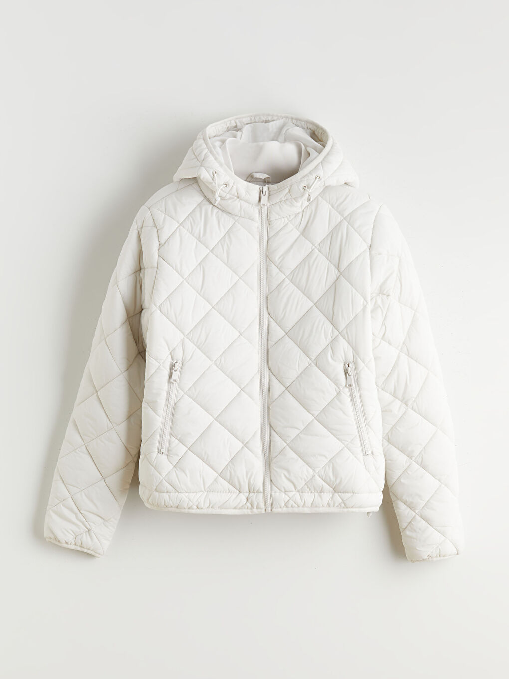 Ekru Kapüşonlu Kapitone Kadın Şişme Mont-5