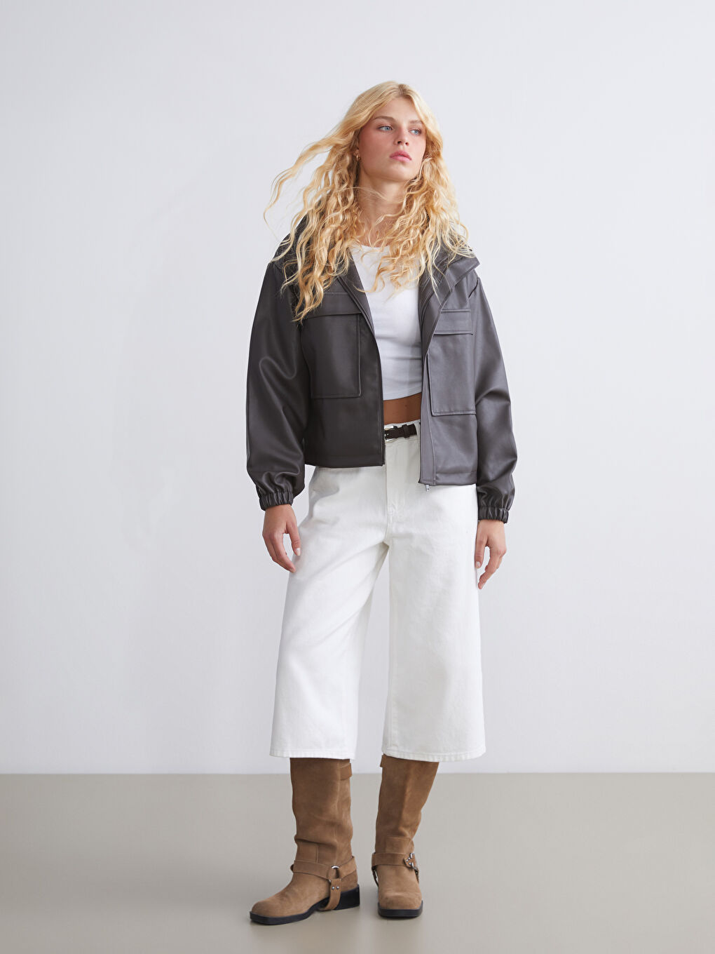 Funnel Neck Oversize Women's Faux Leather Jacket-1