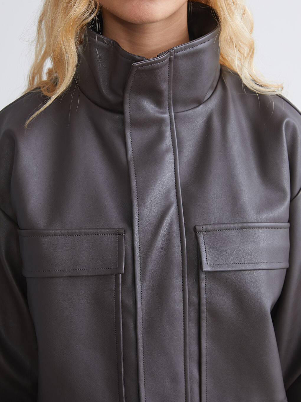 Funnel Neck Oversize Women's Faux Leather Jacket-2