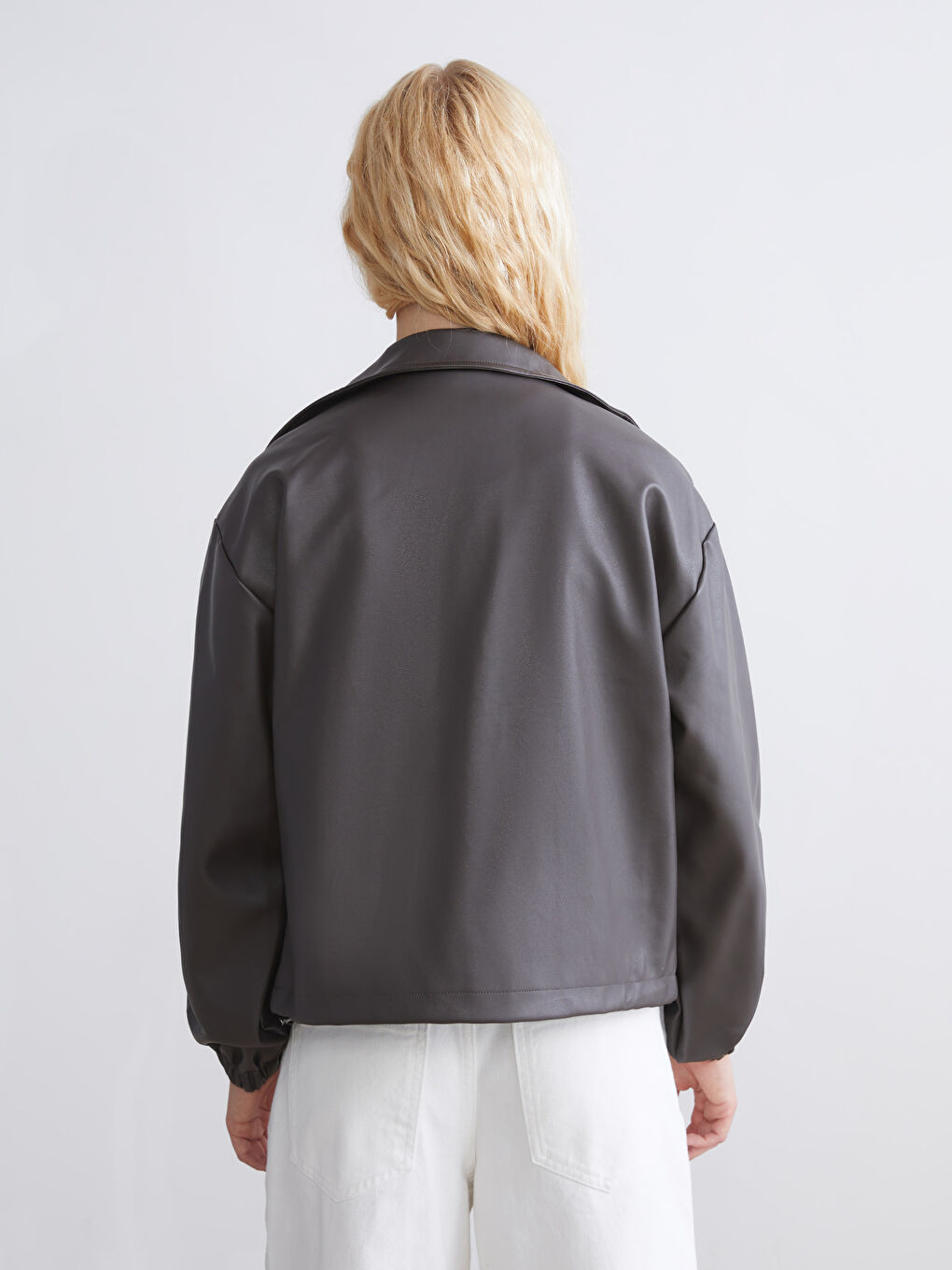 Funnel Neck Oversize Women's Faux Leather Jacket-4