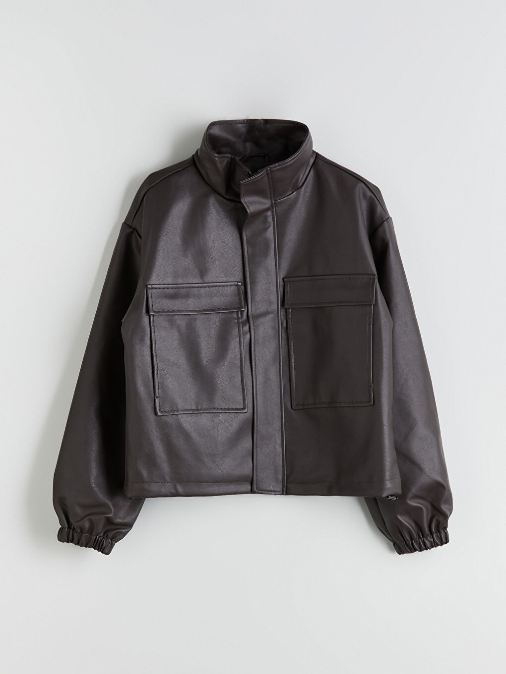 Funnel Neck Oversize Women's Faux Leather Jacket-5