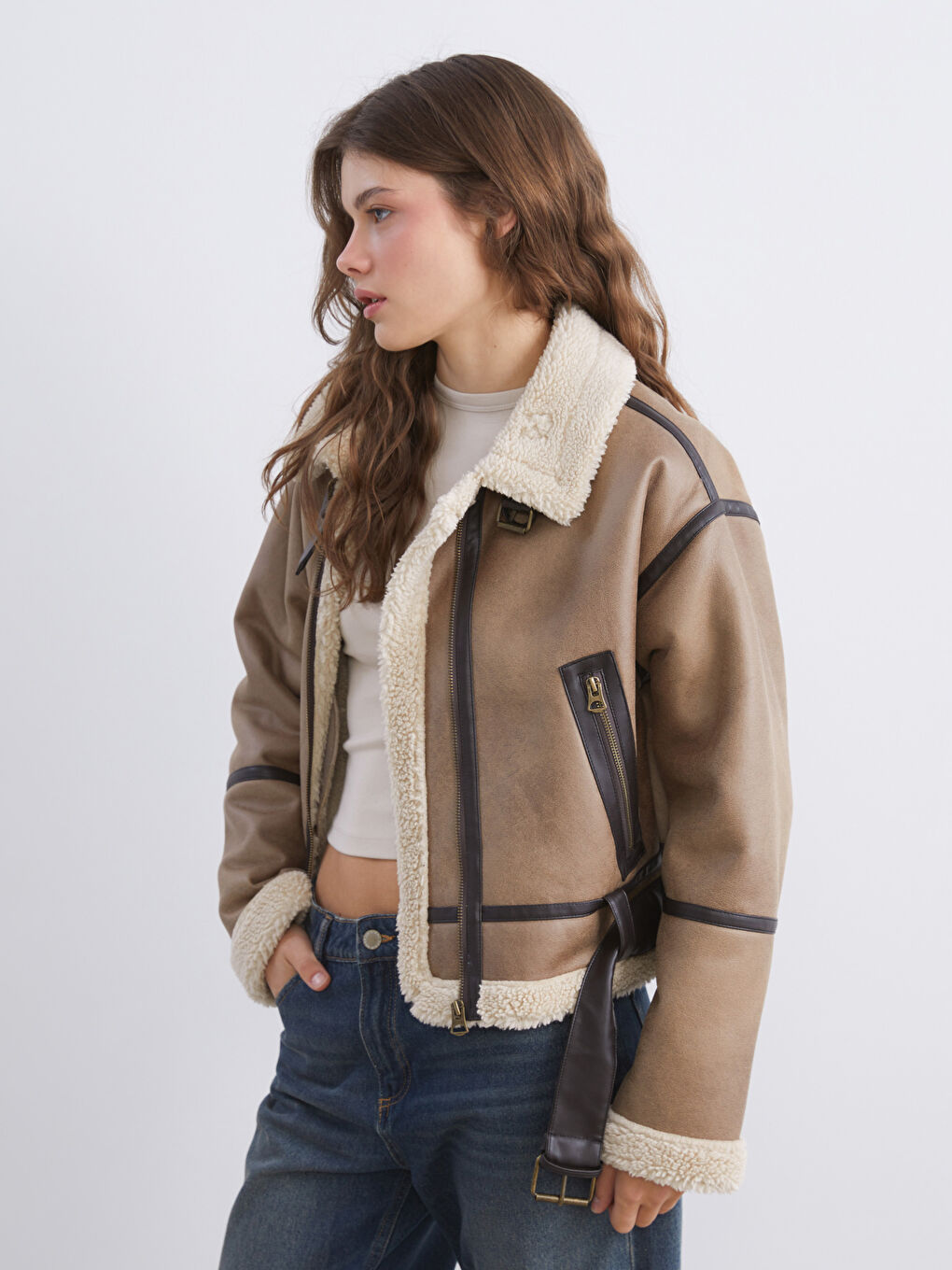 Kahverengi Kürk Yaka Oversize Kadın Süet Mont