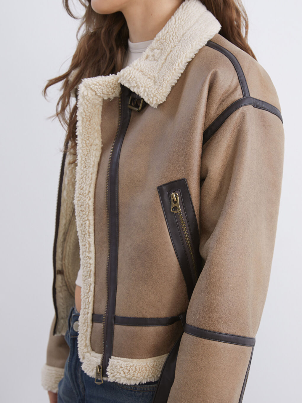 Kahverengi Kürk Yaka Oversize Kadın Süet Mont-2