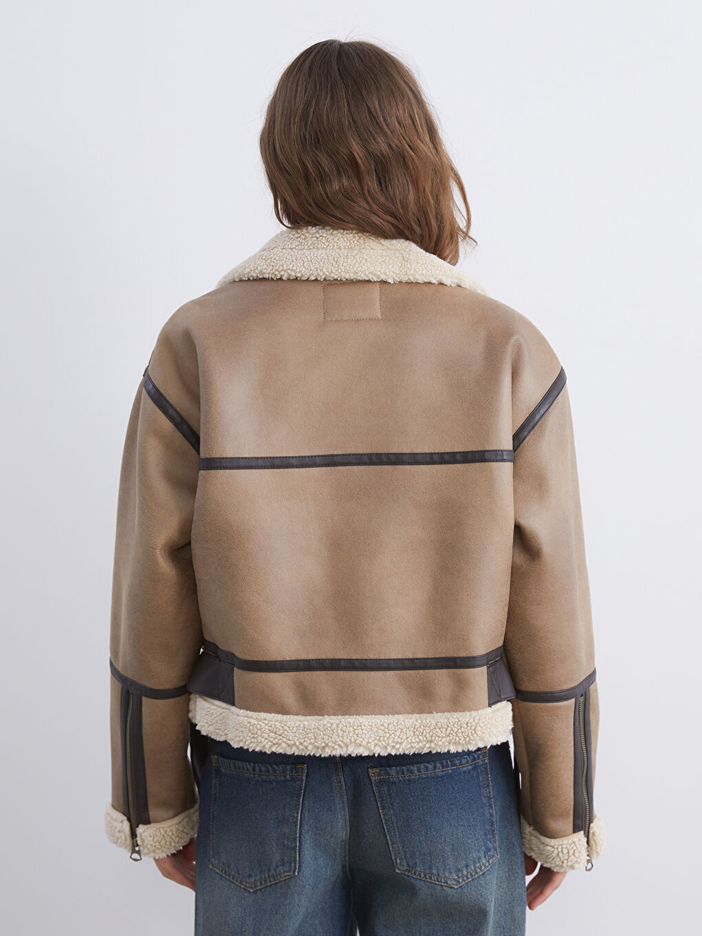 Kahverengi Kürk Yaka Oversize Kadın Süet Mont-4