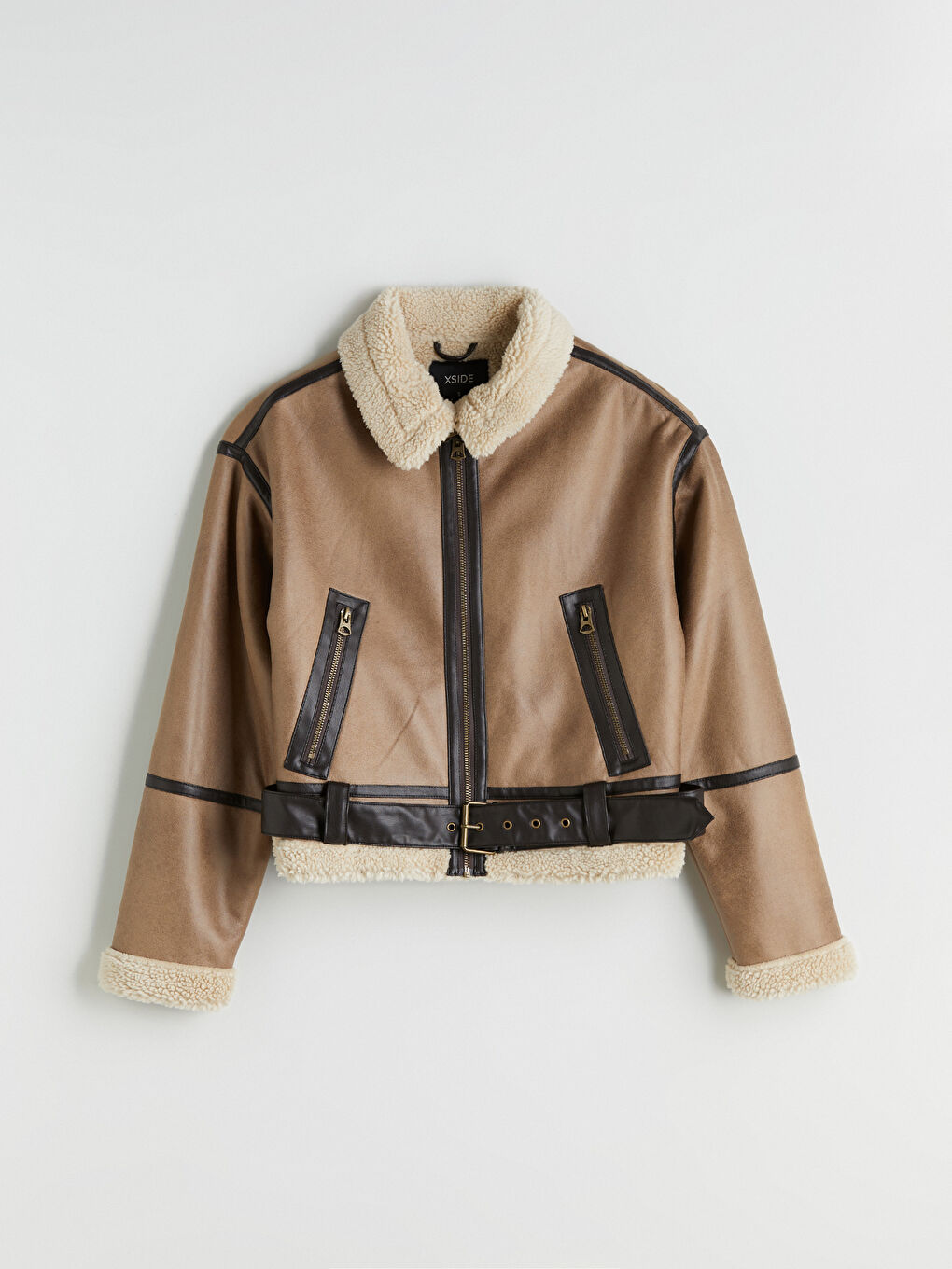 Kahverengi Kürk Yaka Oversize Kadın Süet Mont-5