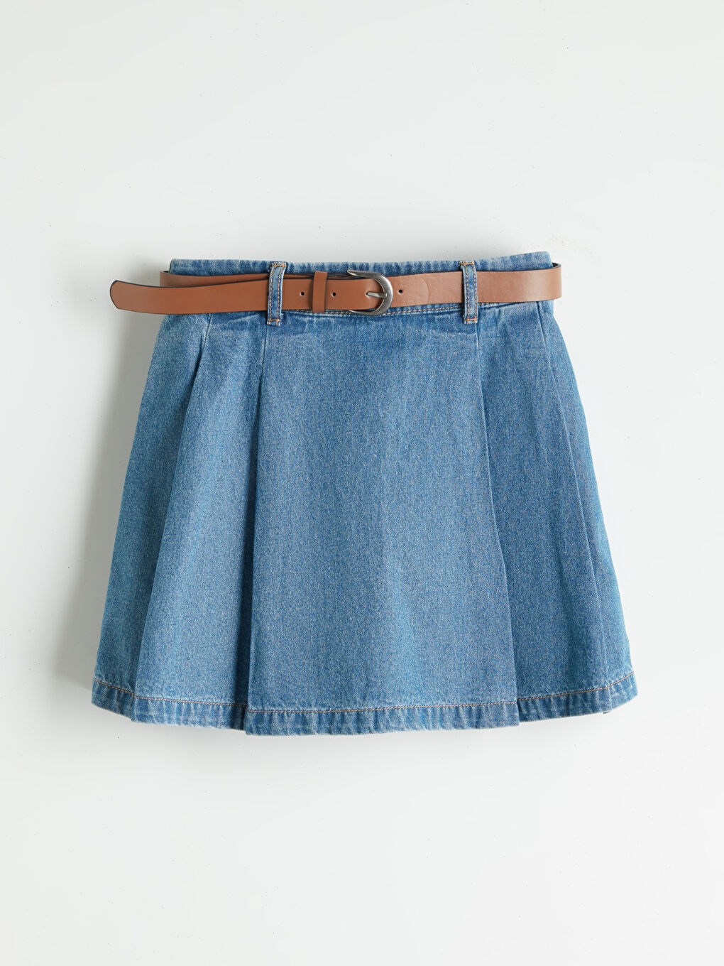 İndigo Beli Lastikli Pileli Kız Çocuk Jean Şort Etek-1