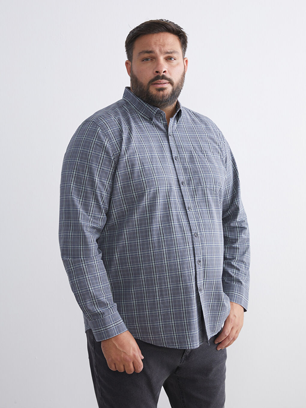 Regular Fit Long Sleeve Plaid Poplin Men's Shirt-1