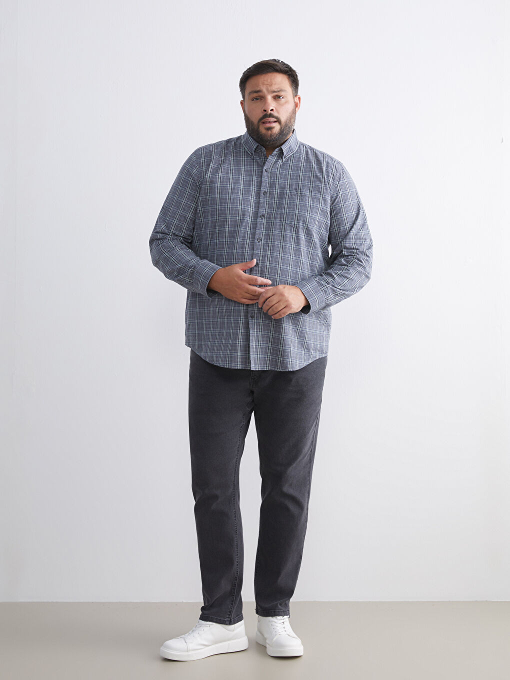 Regular Fit Long Sleeve Plaid Poplin Men's Shirt-5