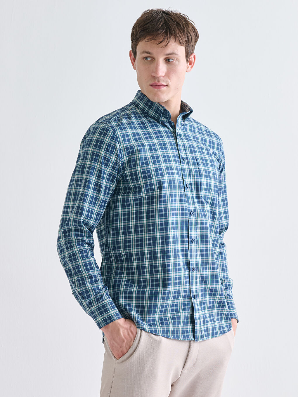 Regular Fit Long Sleeve Plaid Poplin Men's Shirt