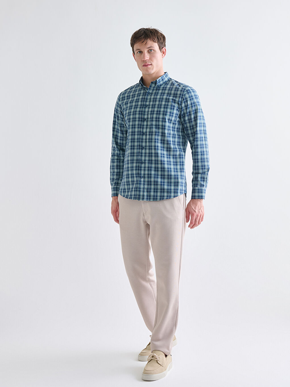 Regular Fit Long Sleeve Plaid Poplin Men's Shirt-1