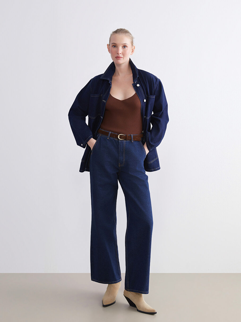 İndigo Beli Kemerli Wideleg Kadın Jean Pantolon