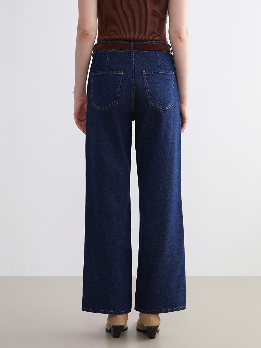 İndigo Beli Kemerli Wideleg Kadın Jean Pantolon-1