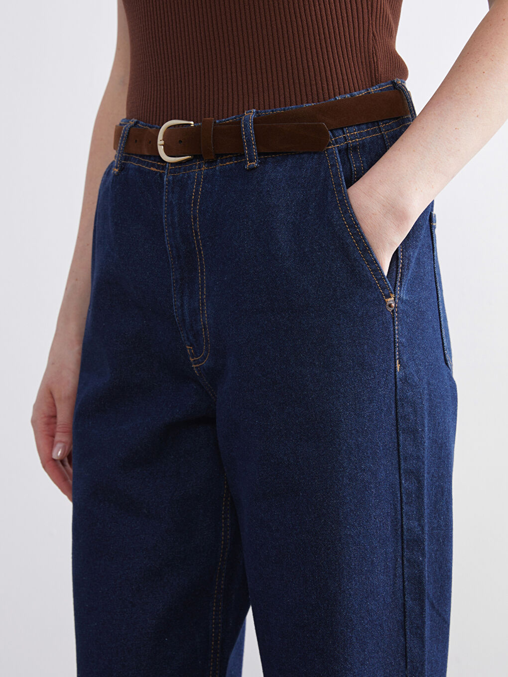 İndigo Beli Kemerli Wideleg Kadın Jean Pantolon-2