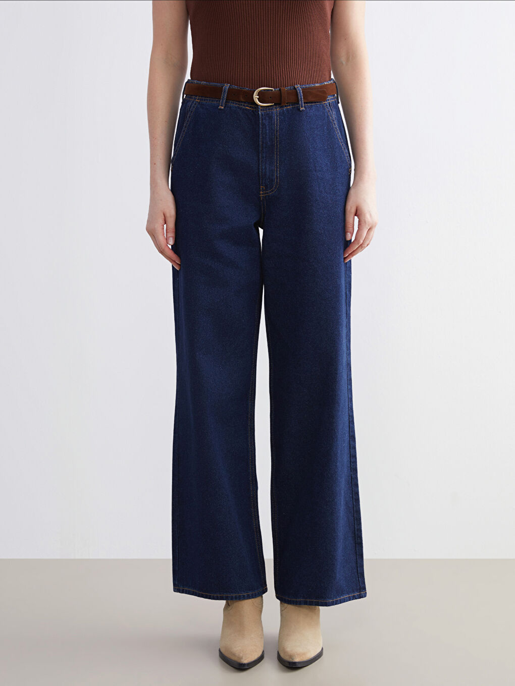 İndigo Beli Kemerli Wideleg Kadın Jean Pantolon-3