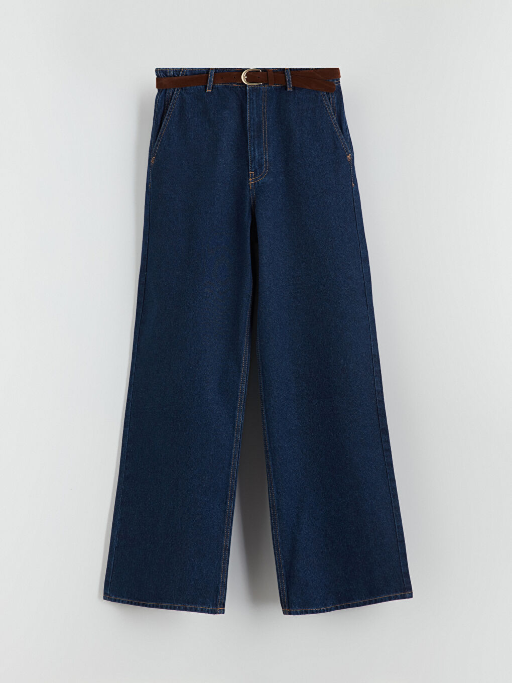 İndigo Beli Kemerli Wideleg Kadın Jean Pantolon-4