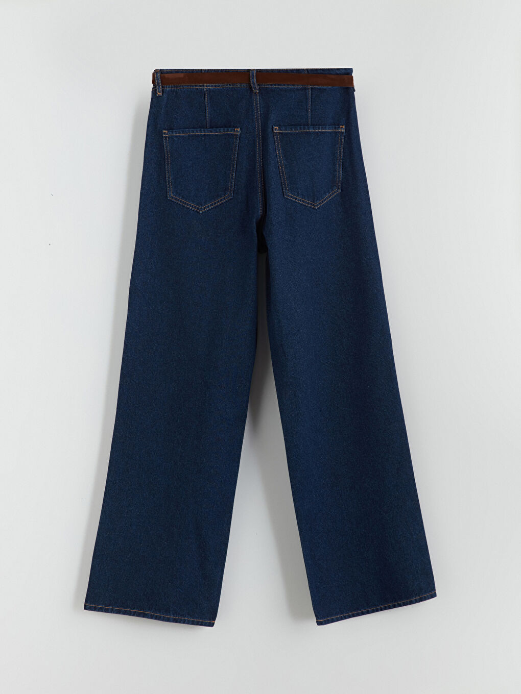 İndigo Beli Kemerli Wideleg Kadın Jean Pantolon-5