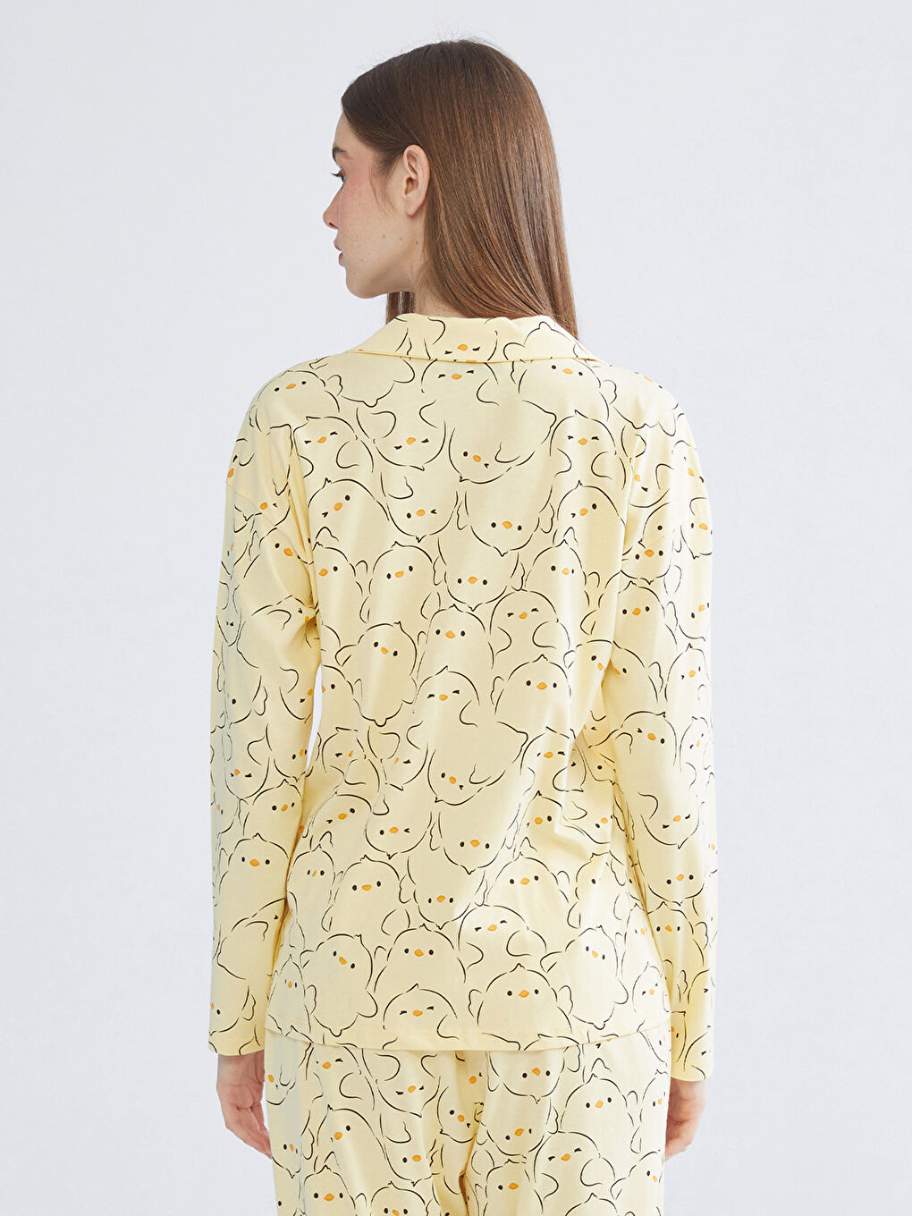 Sarı Gömlek Yaka Baskılı Kadın Pijama Üstü-1