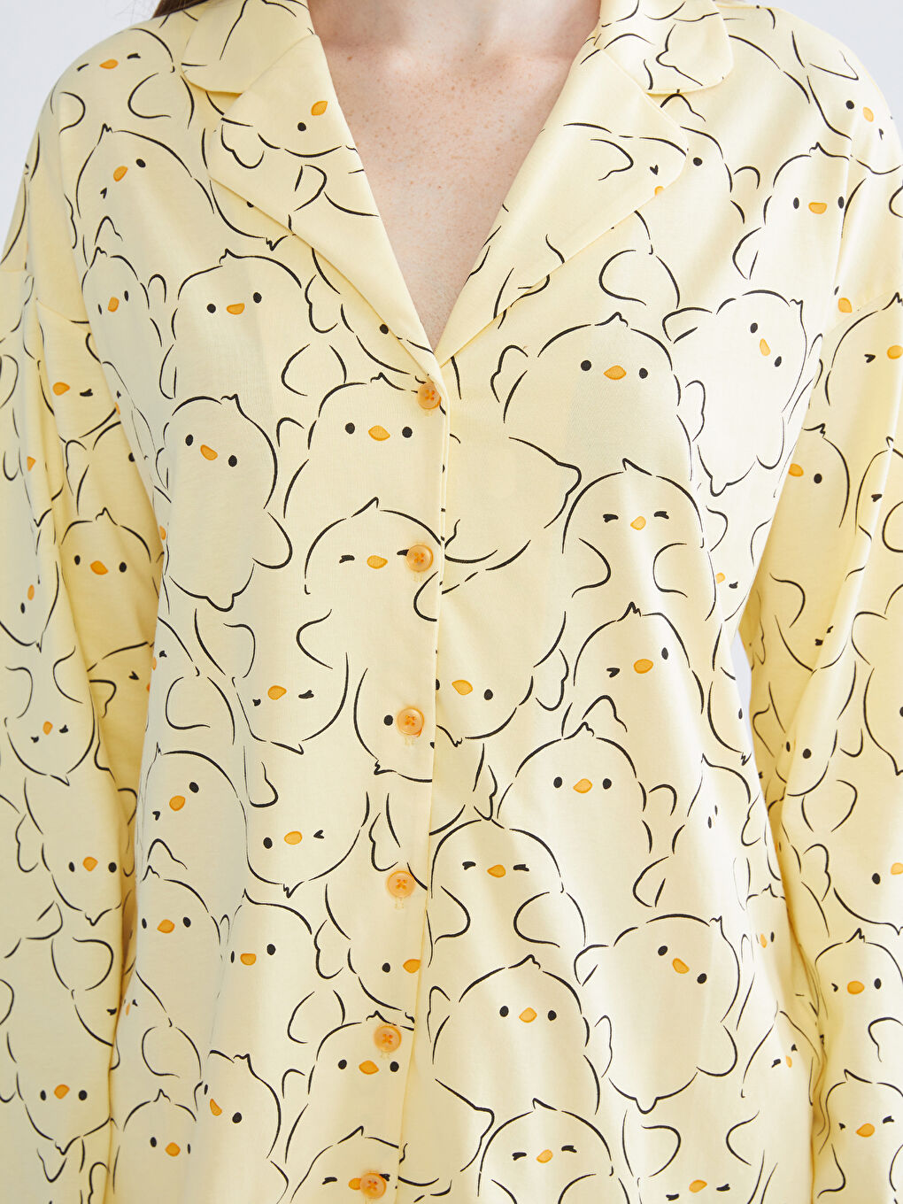 Sarı Gömlek Yaka Baskılı Kadın Pijama Üstü-2