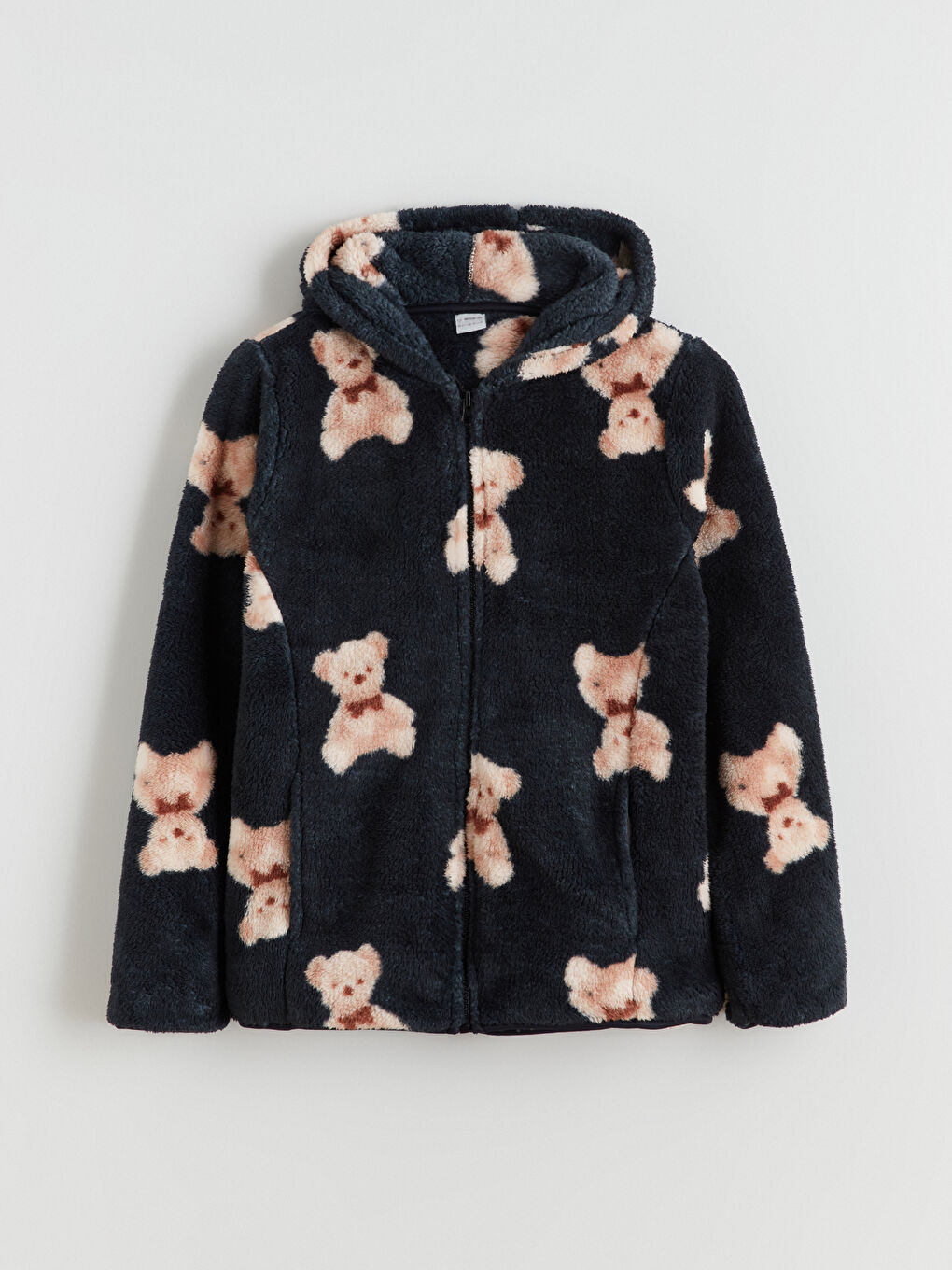 Siyah Kapüşonlu Pelüş Kız Çocuk Fermuarlı Sweatshirt