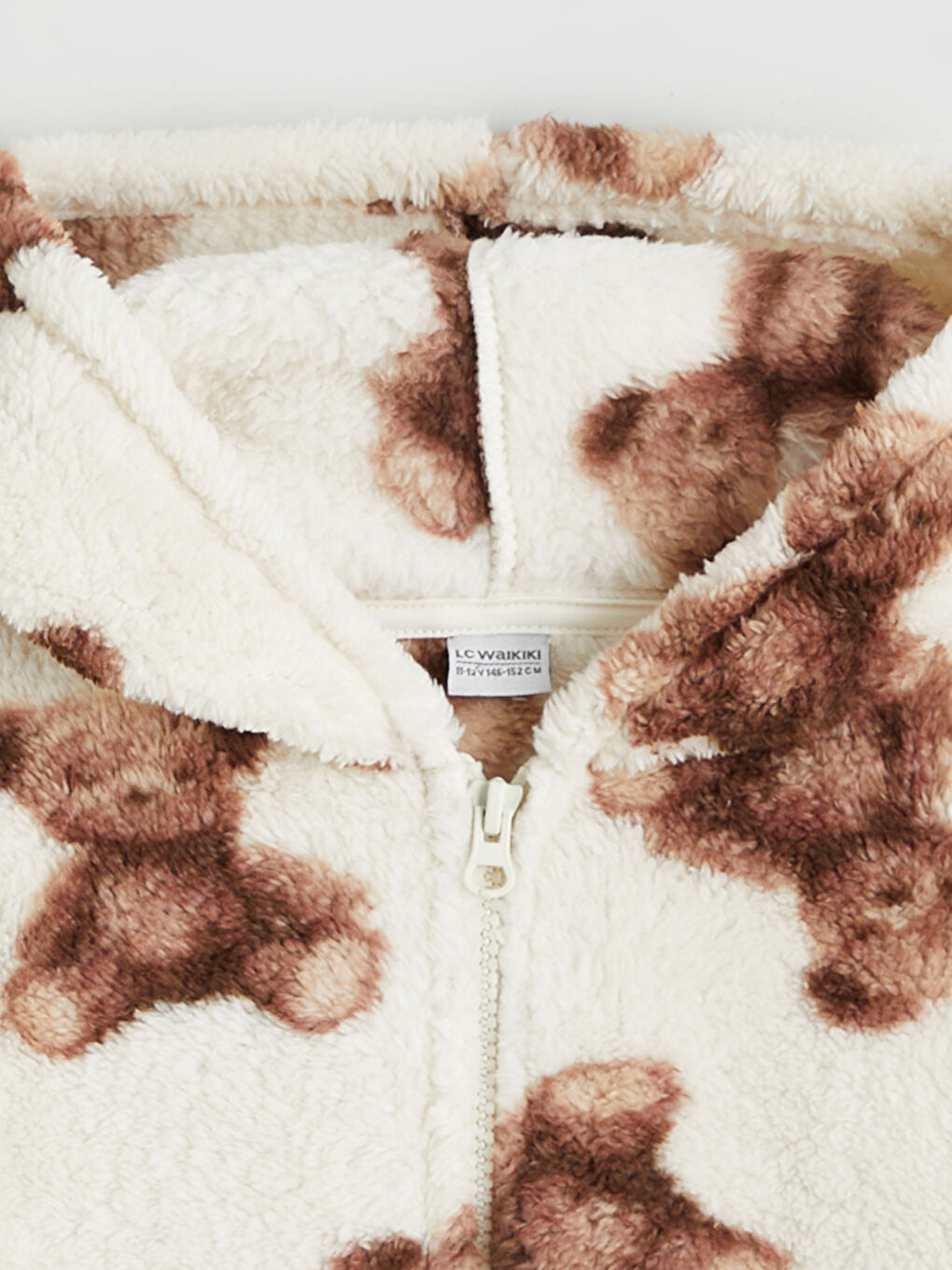 Ekru Kapüşonlu Pelüş Kız Çocuk Fermuarlı Sweatshirt-1