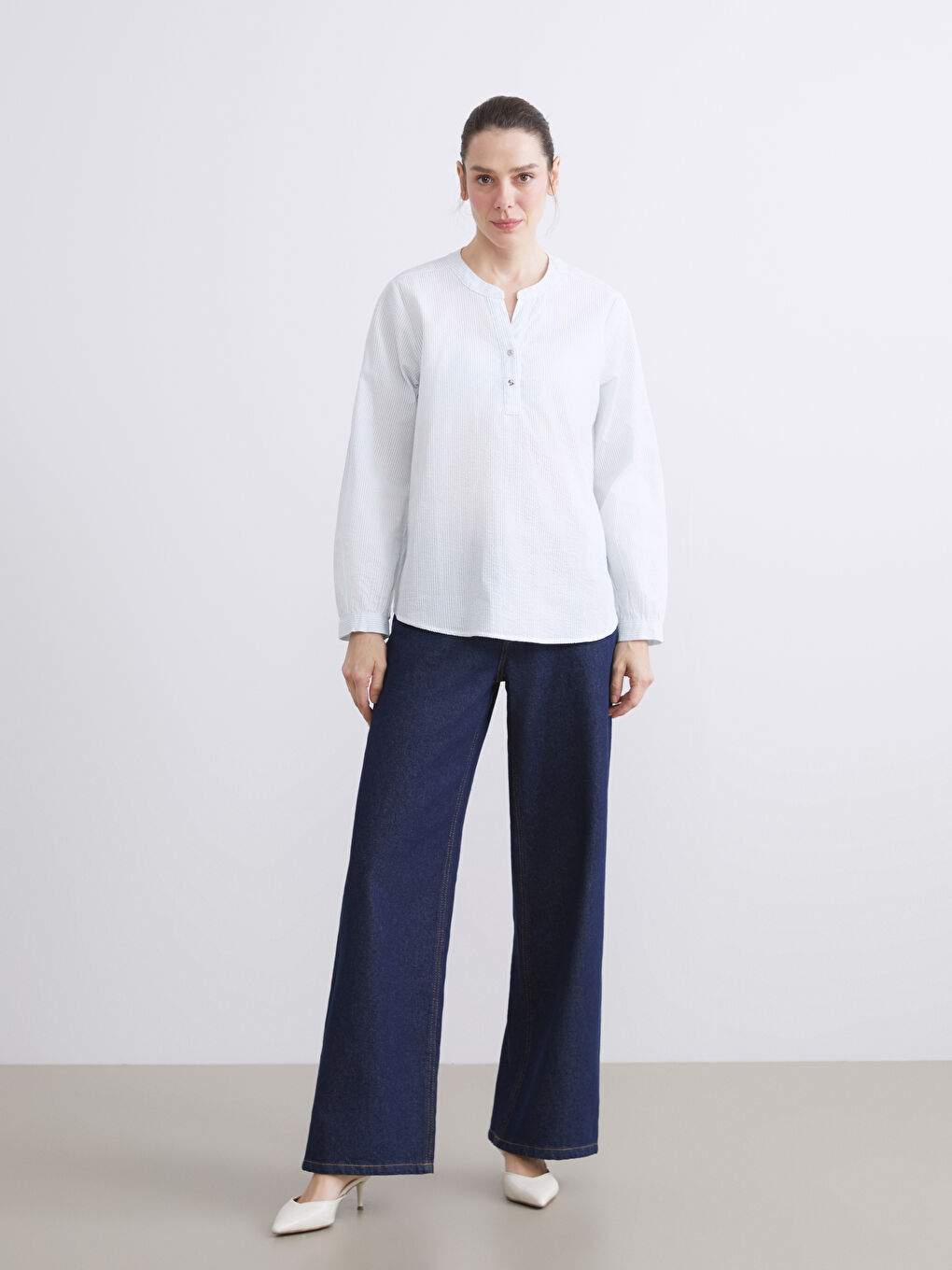 Notch Neck Striped Blouse-1