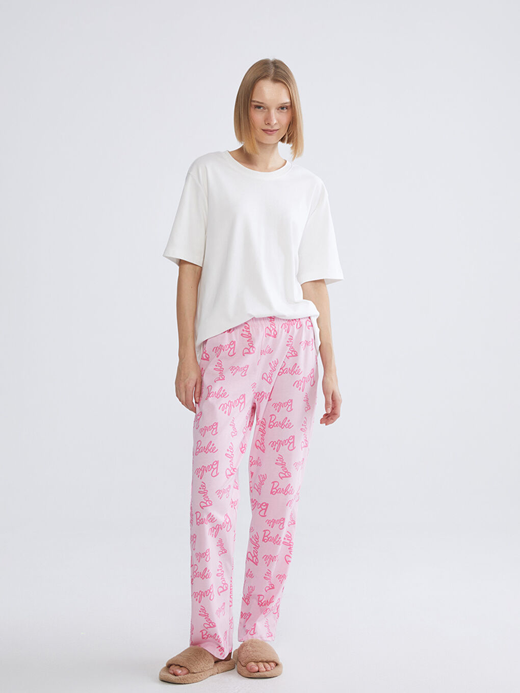 Pembe Beli Lastikli Barbie Baskılı Kadın Pijama Altı