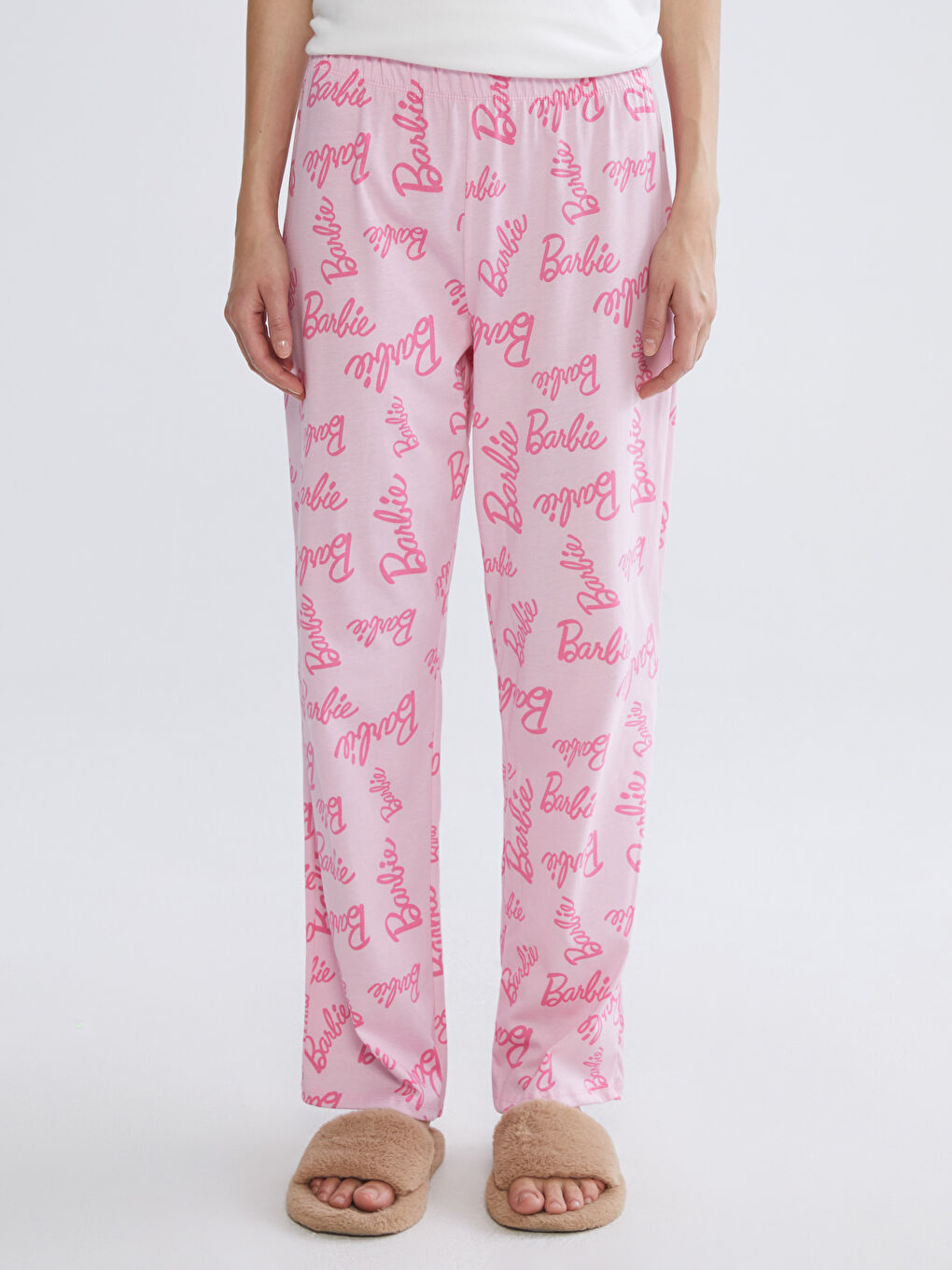 Pembe Beli Lastikli Barbie Baskılı Kadın Pijama Altı-1