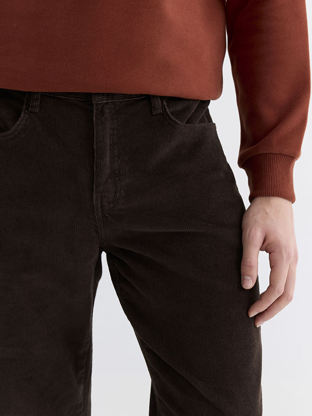 Kahverengi Standart Kalıp Kadife Erkek Chino Pantolon-2