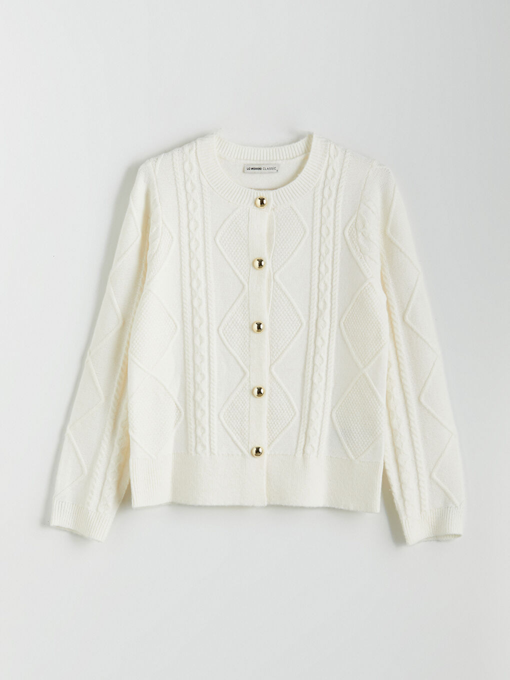 LCWAIKIKI Classic Crew Neck Self Patterned Long Sleeve Women's Tricot Cardigan -W56747Z8-R9J