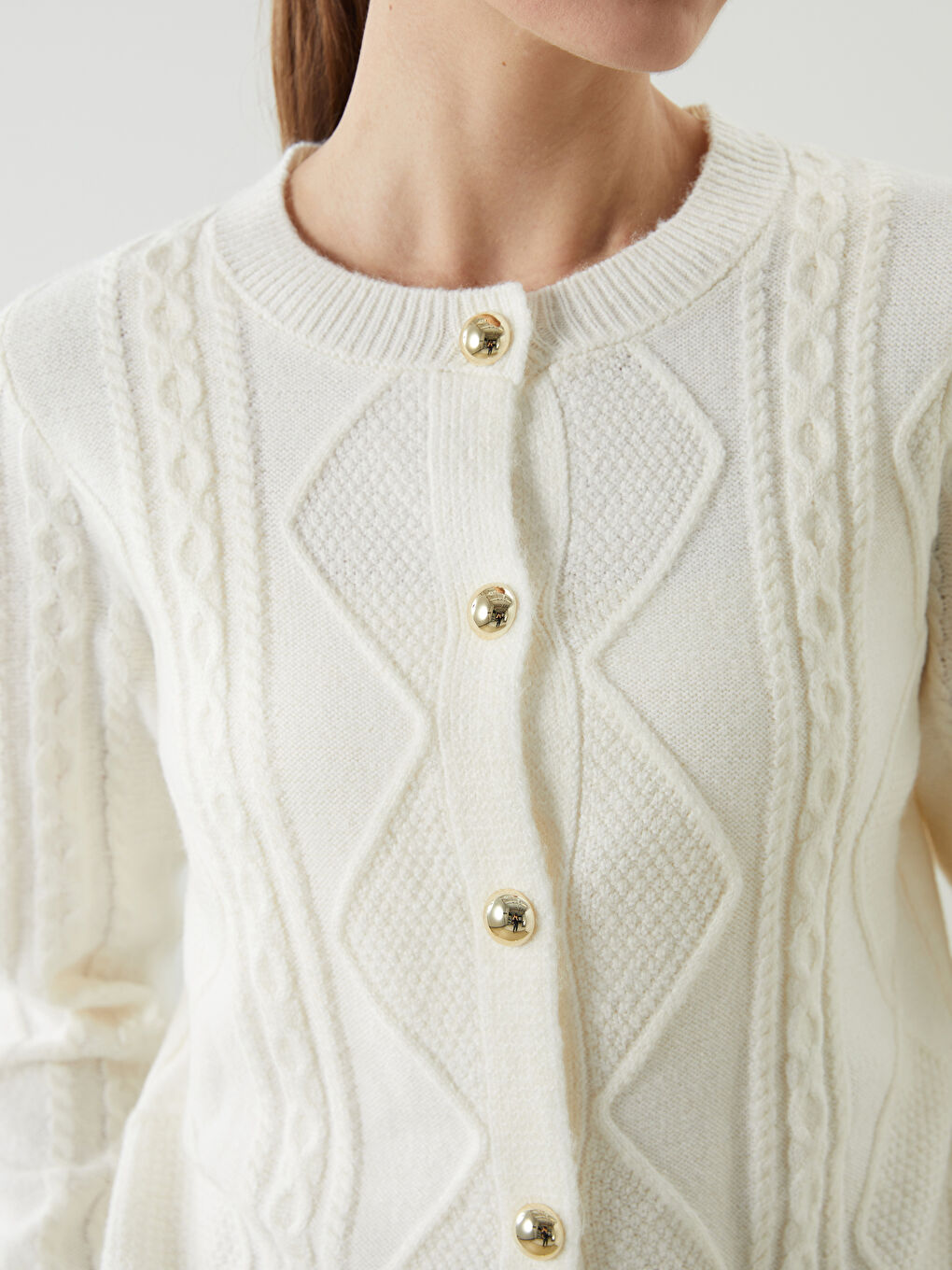 LCWAIKIKI Classic Crew Neck Self Patterned Long Sleeve Women's Tricot Cardigan -W56747Z8-R9J