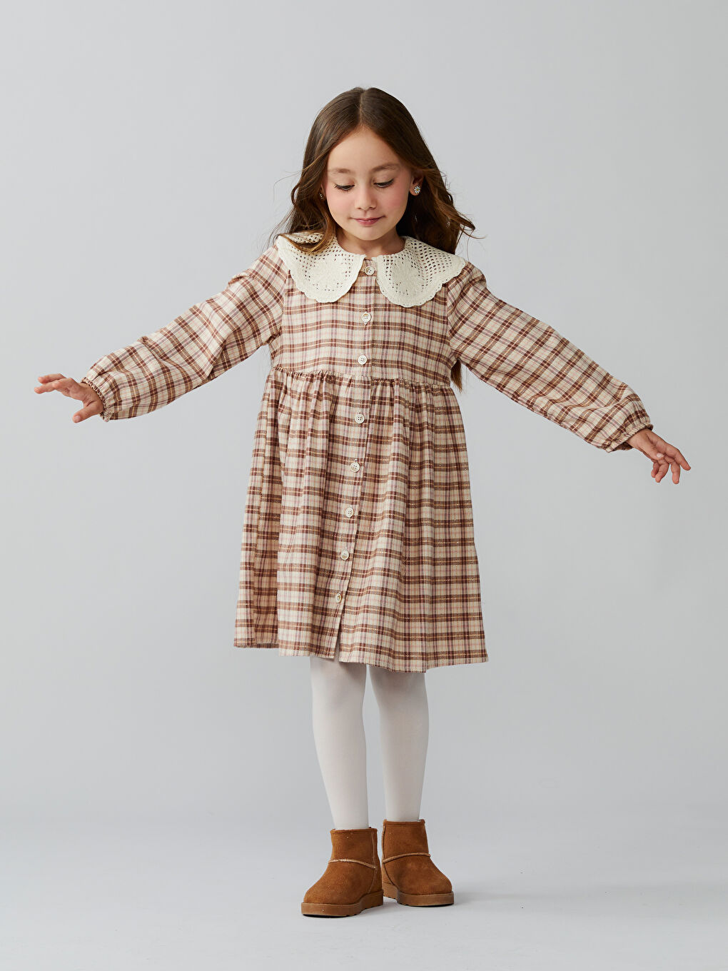Peter Pan Collar Plaid Pattern Flannel Girls' Dress-1