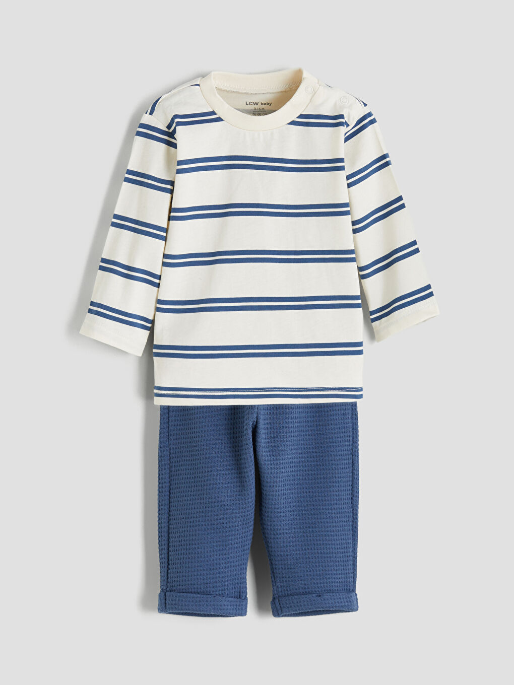 Ekru Bisiklet Yaka Çizgili Erkek Bebek Sweatshirt ve Pantolon 2'li