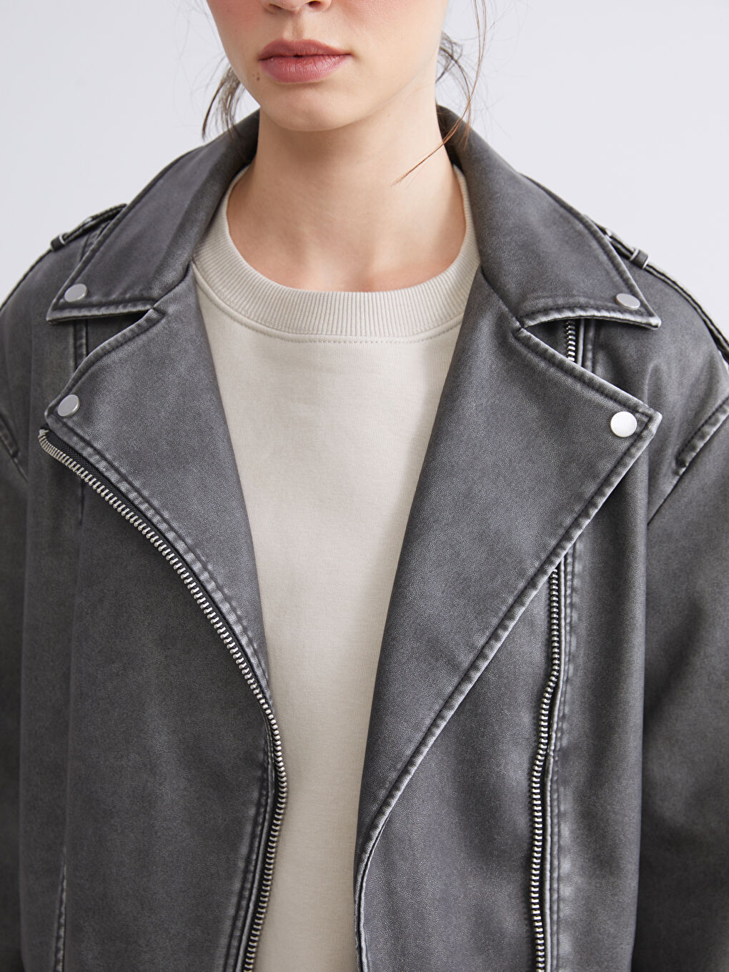 LCW Vision Biker Neck Women's Faux Leather Jacket -W56990Z8-KSK