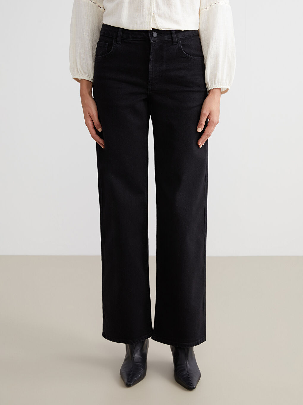 Siyah Wideleg Kadın Jean Pantolon-1