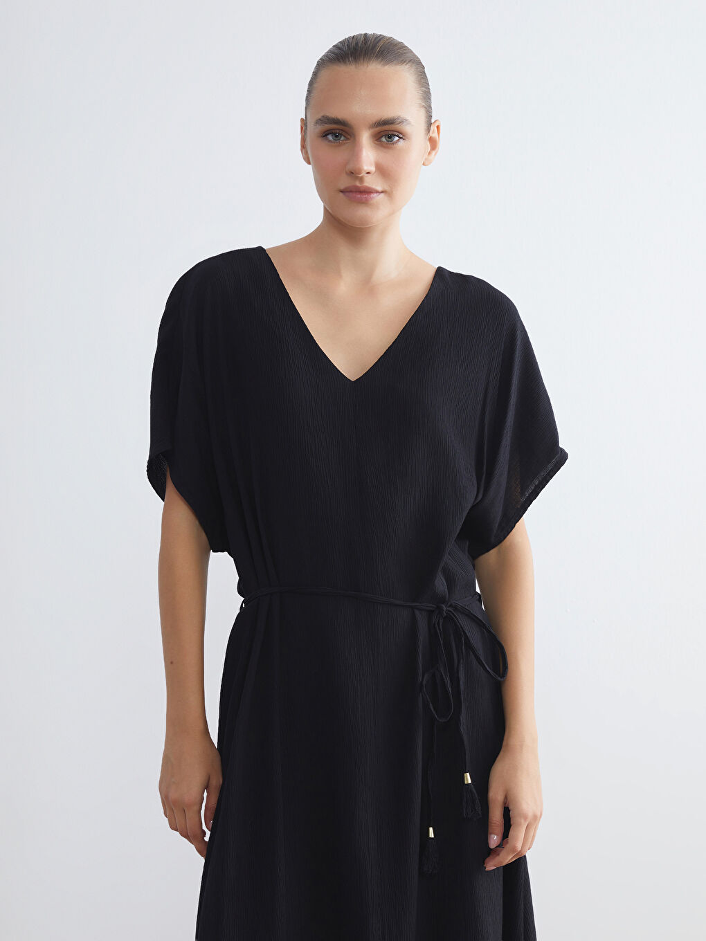 LCWAIKIKI Classic V-Neck Textured Dress -W57098Z8-CVL