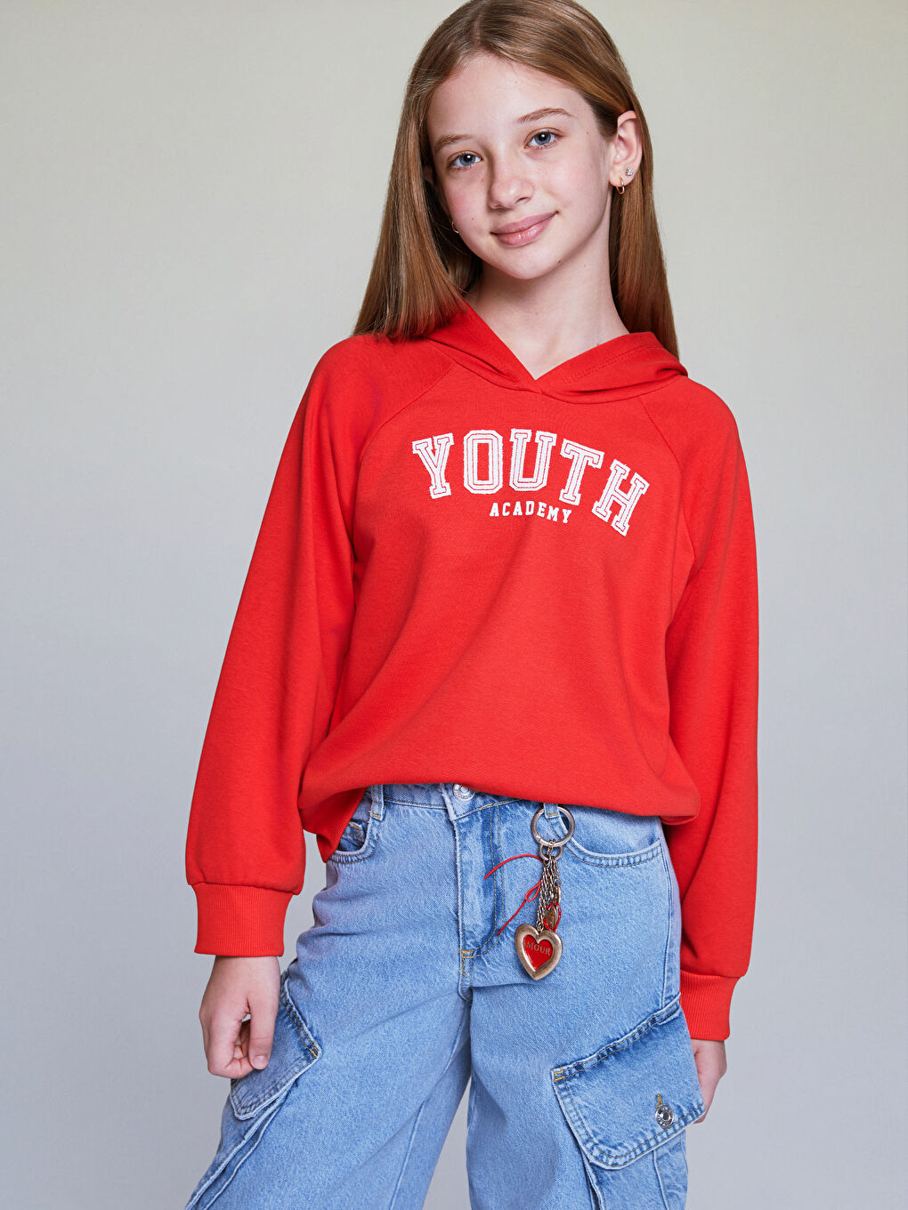 Kırmızı Kapüşonlu Baskılı Kız Çocuk Sweatshirt