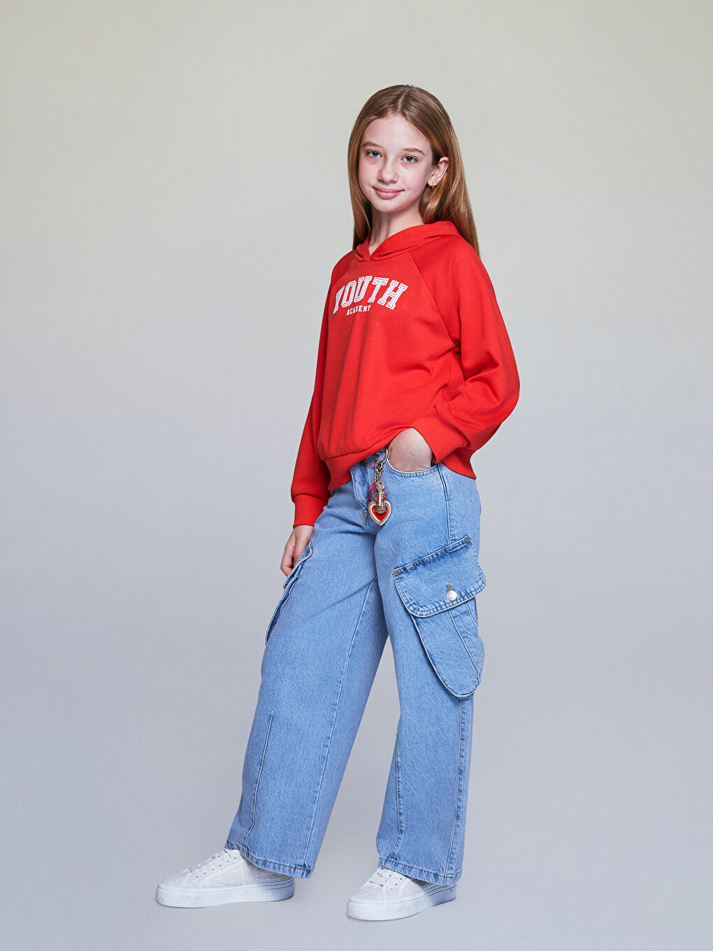 Kırmızı Kapüşonlu Baskılı Kız Çocuk Sweatshirt-1