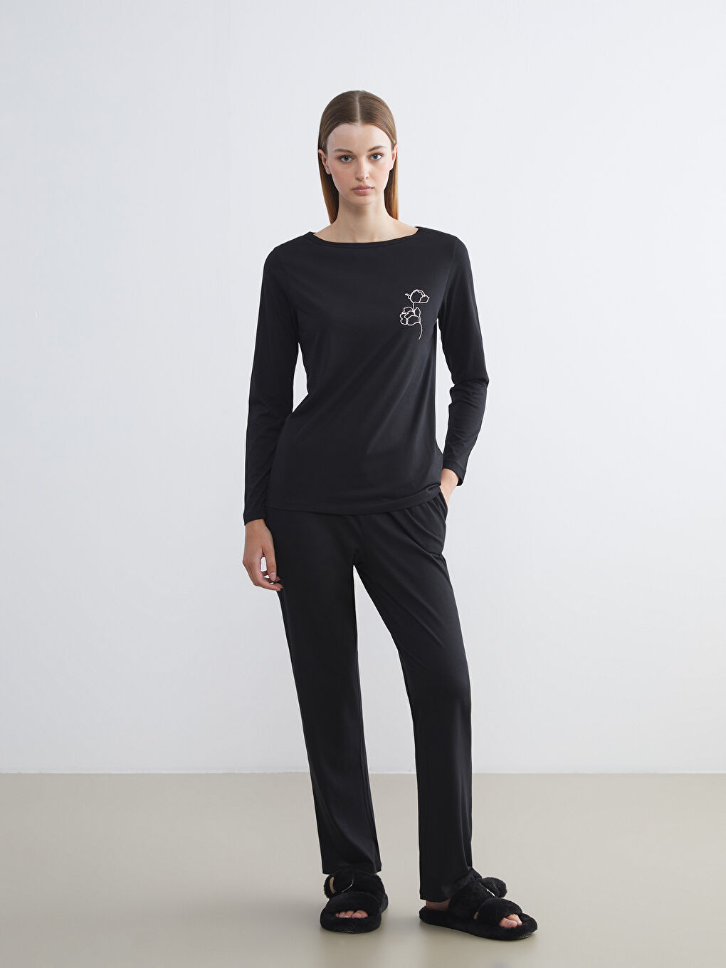 Siyah Beli Lastikli Modal Karışımlı Kadın Pijama Altı