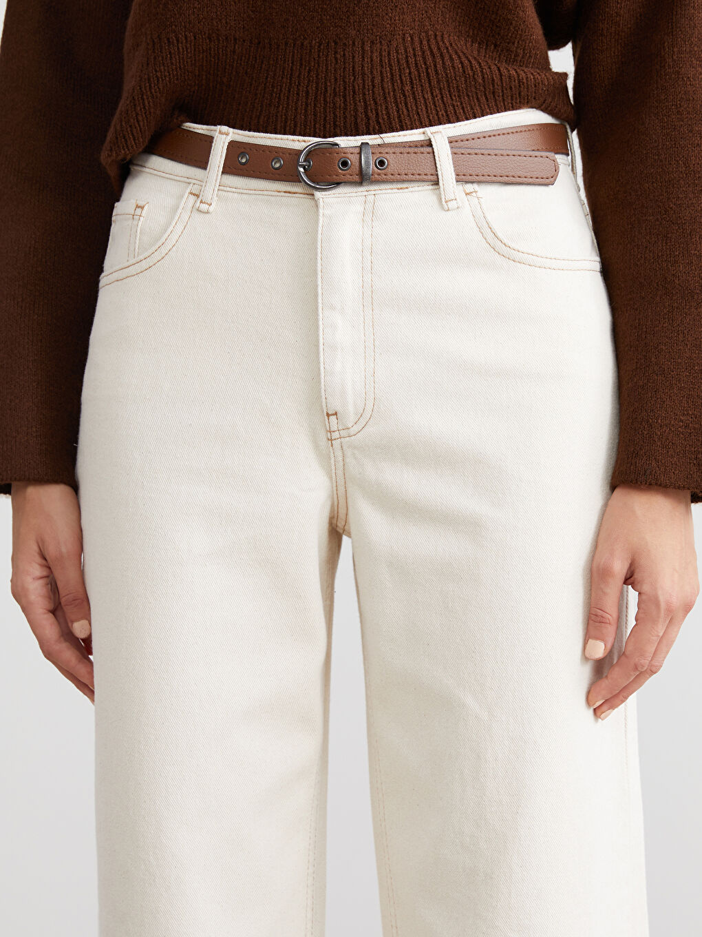 Ekru Beli Kemerli Wideleg Kadın Jean Pantolon-2