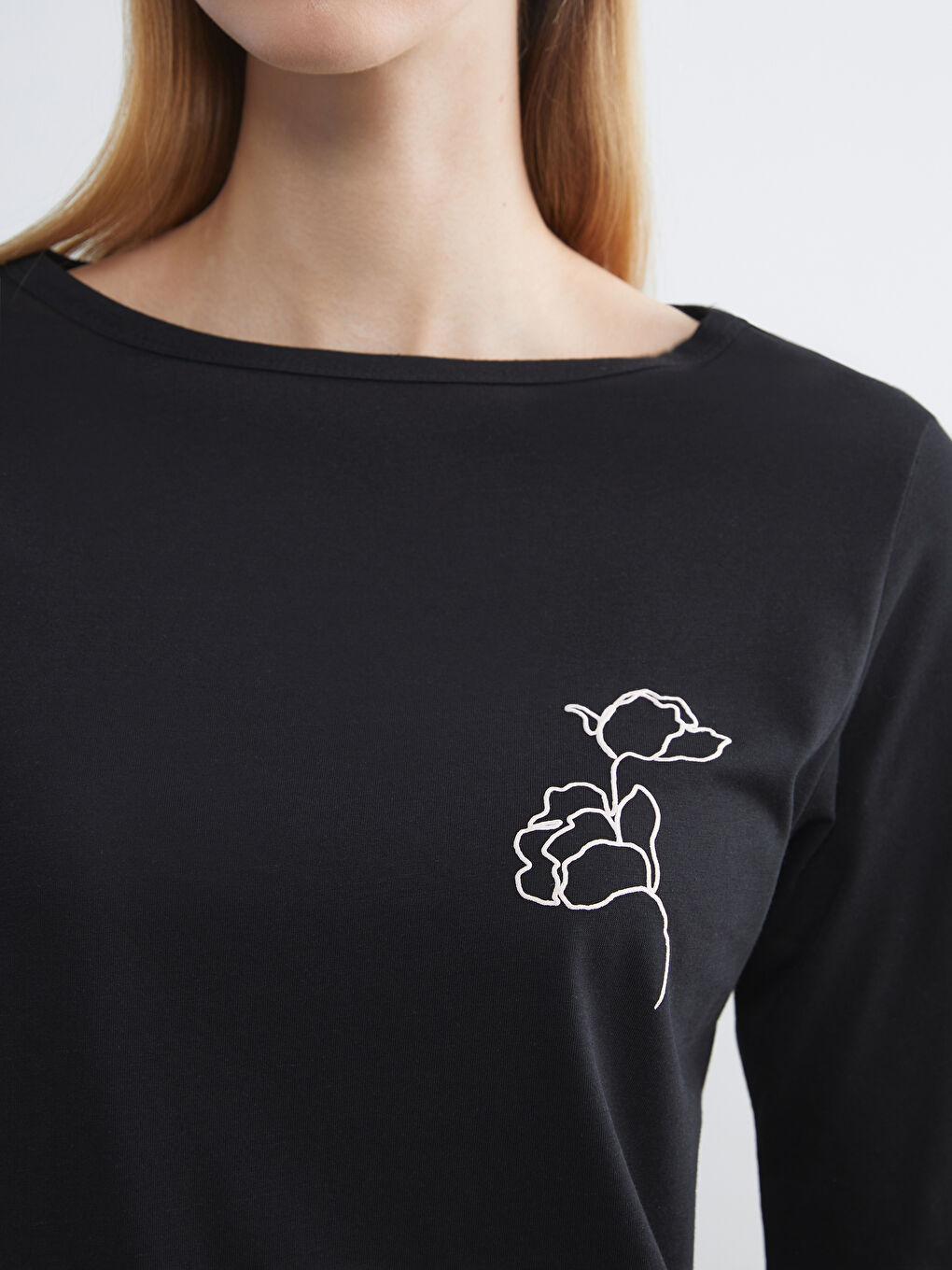 Siyah Bisiklet Yaka Baskılı Kadın Pijama Üst-2