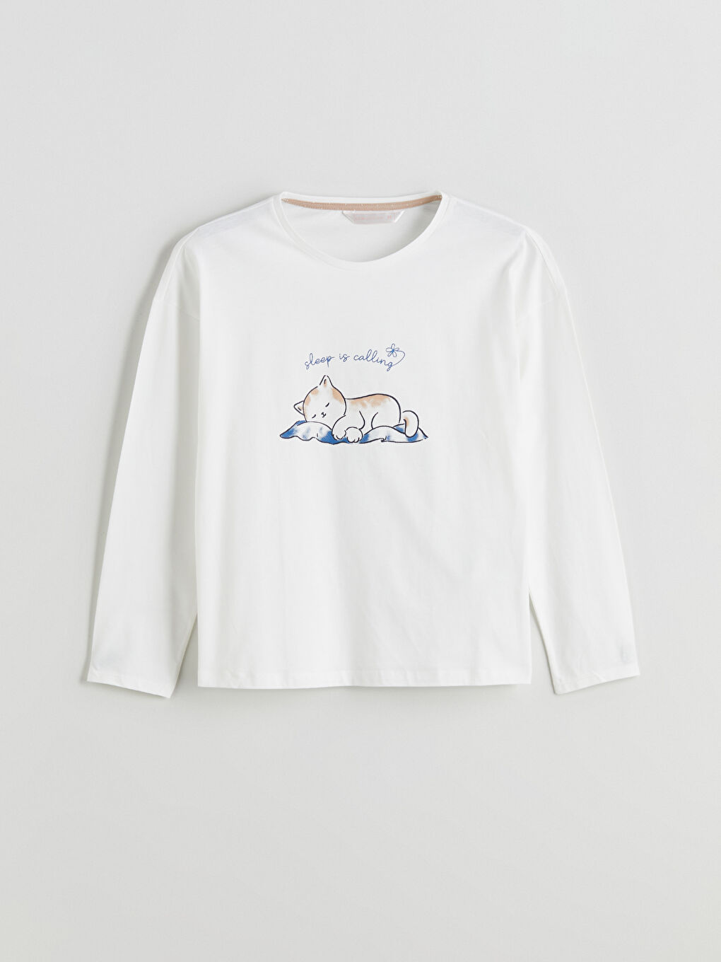 Ekru Bisiklet Yaka Baskılı Kadın Pijama Üst-1