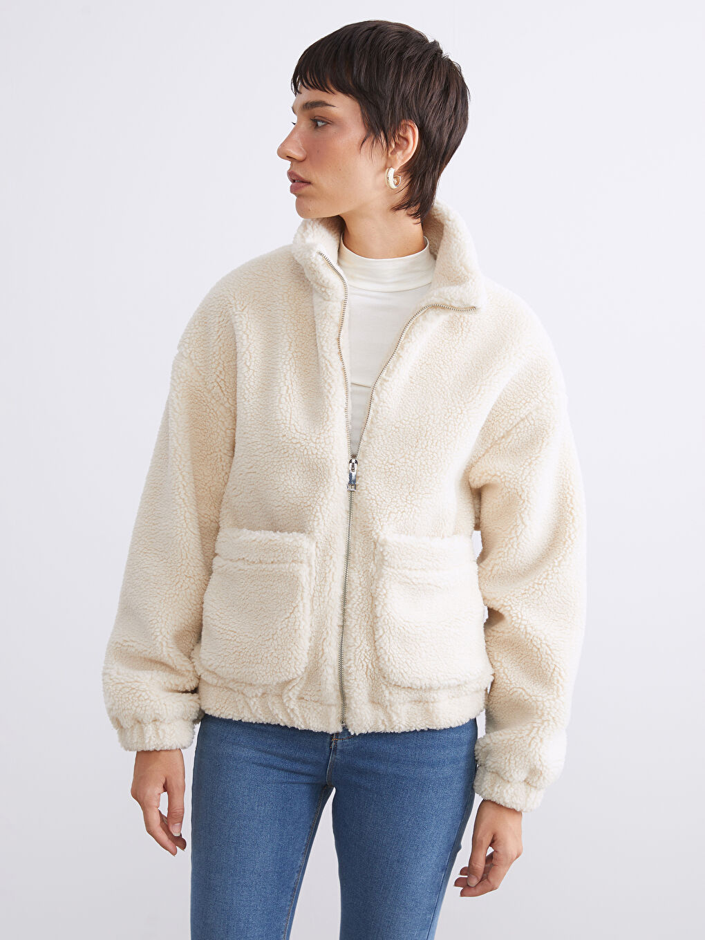 Women's Funnel Neck Plain Teddy Overcoat