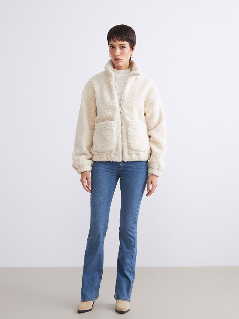 Women's Funnel Neck Plain Teddy Overcoat-1