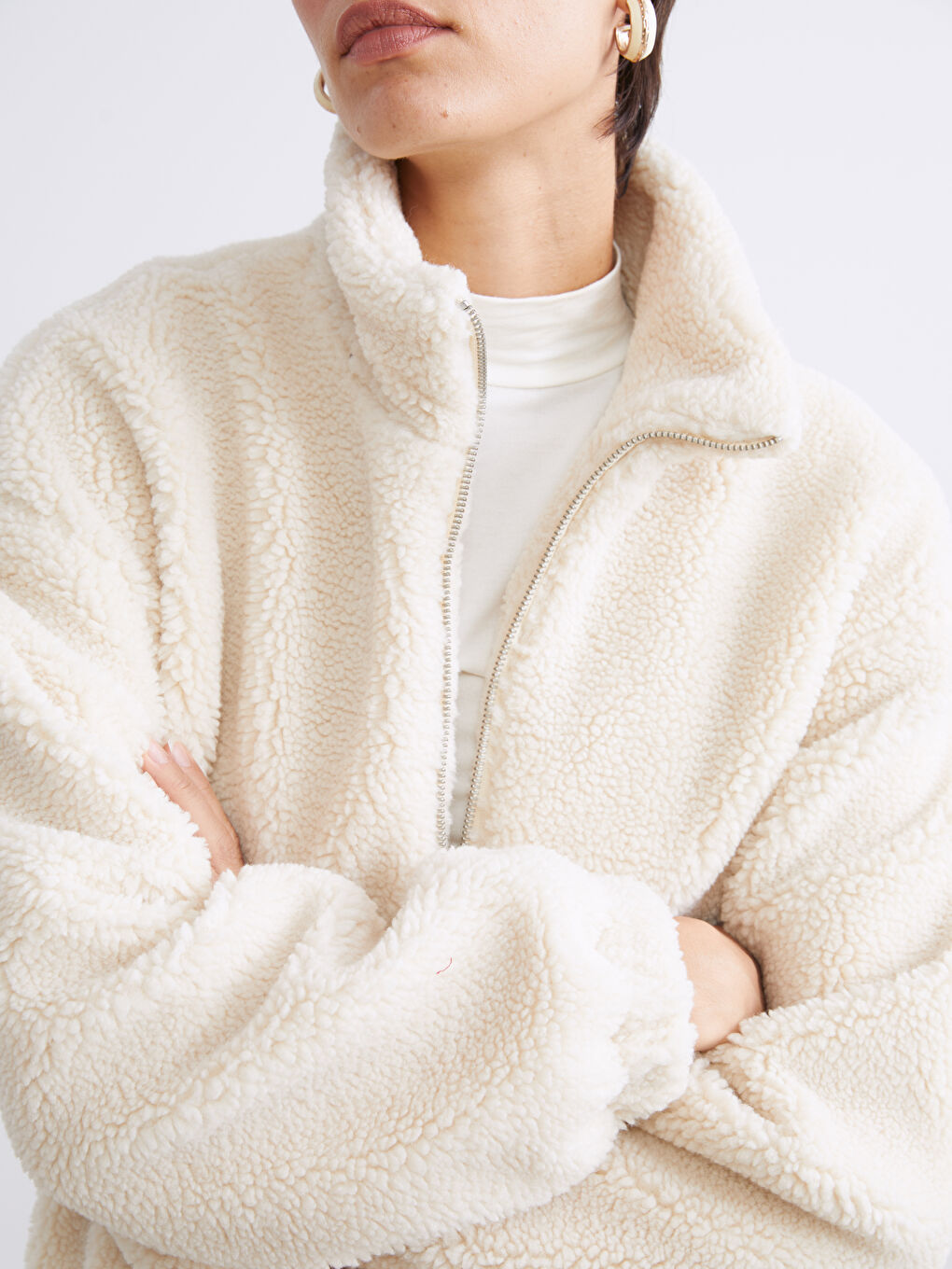 Women's Funnel Neck Plain Teddy Overcoat-3