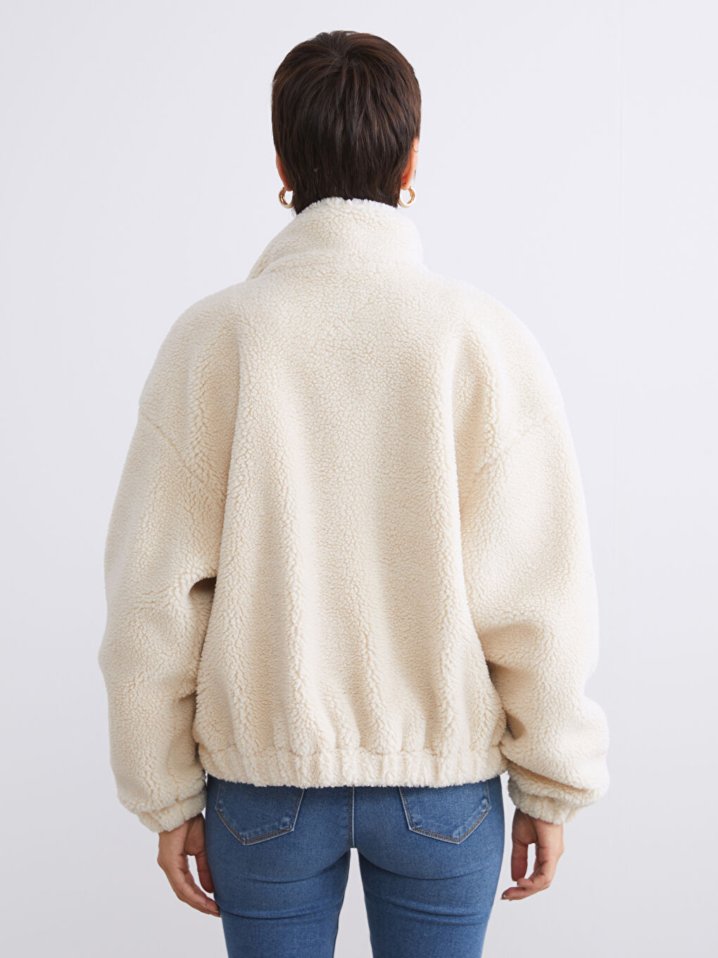 Women's Funnel Neck Plain Teddy Overcoat-4